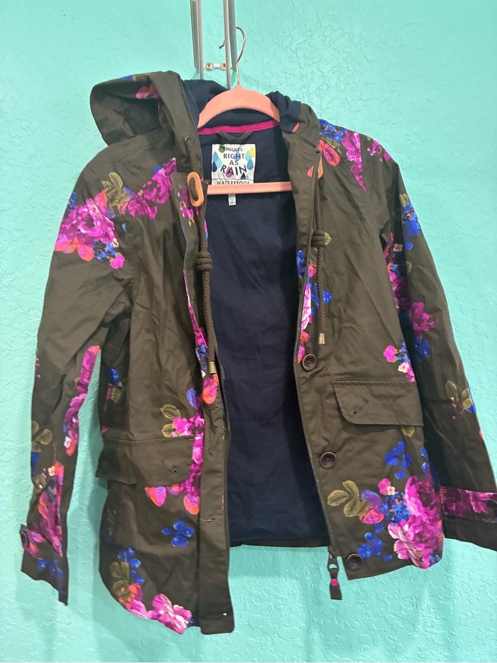 Joules right as wain Women's Olive Floral Waterproof Hooded Jacket 2